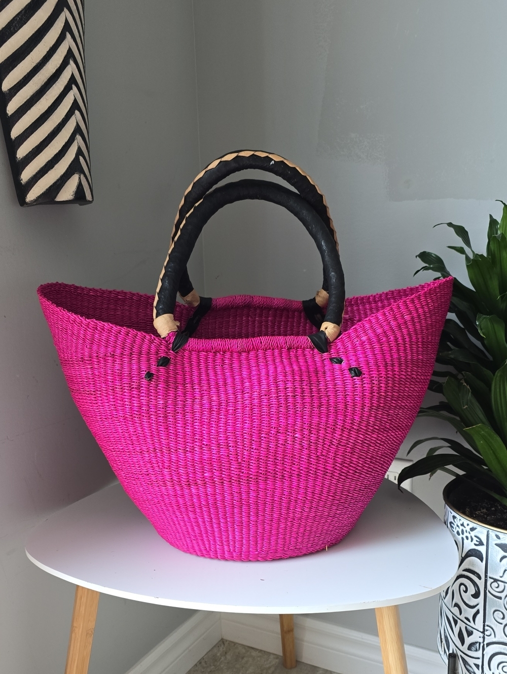 118 Handwoven Pink Strorage Bag with Black Wrapped Handles